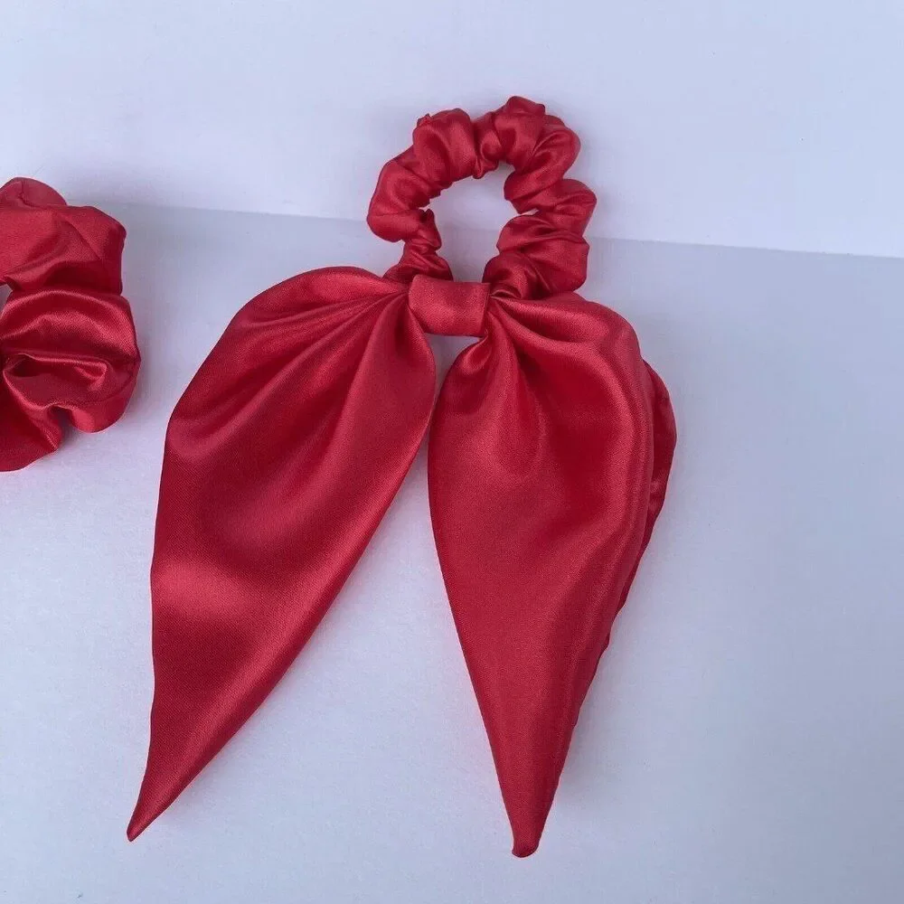 2 New Women Hair Satin Scrunchie Hair Tie Red